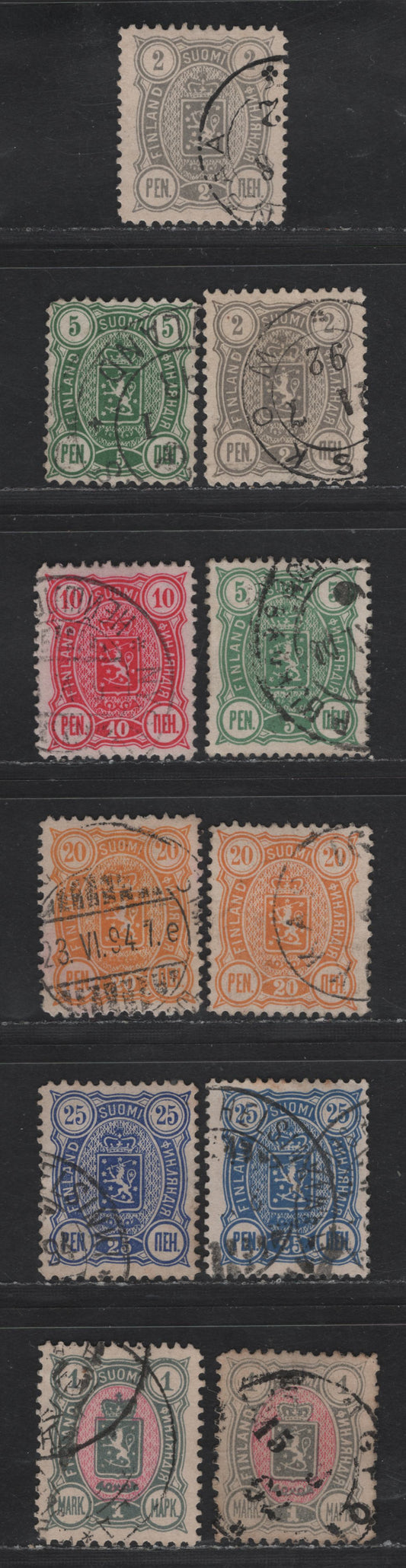 Lot 164 (C) Finland SC#38-39, 40a, 41-a, 42-a, 43-a 2p - 1m Gray - Slate Pink Coat of Arms, 1889-1892 Coat of Arms Issue, 11 Very Fine Used Singles, Perf 12.5, 3 Numerals, Shade Variations.
