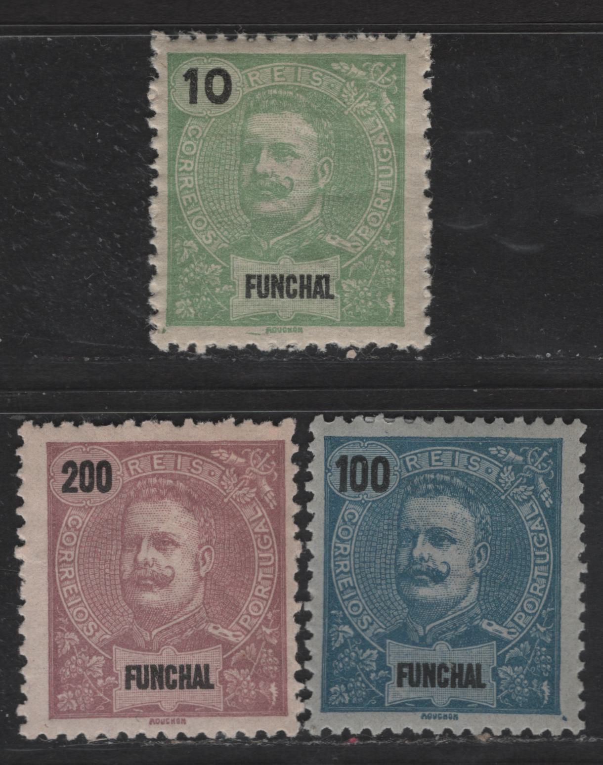 Lot 166 Funchal SC#15, 27, 32 10r - 200r Light Green - Red Violet on Pale Lilac King Carlos, 1897-1905 King Carlos Keyplates, 3 FOG Singles