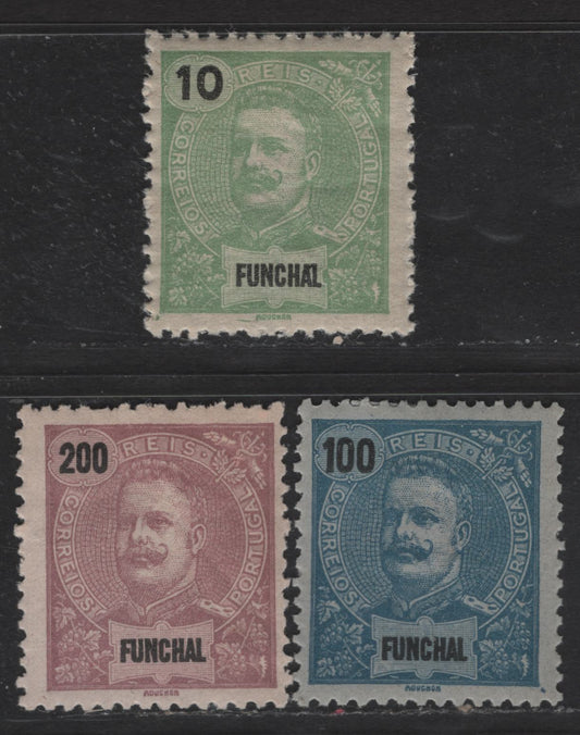 Lot 166 Funchal SC#15, 27, 32 10r - 200r Light Green - Red Violet on Pale Lilac King Carlos, 1897-1905 King Carlos Keyplates, 3 FOG Singles