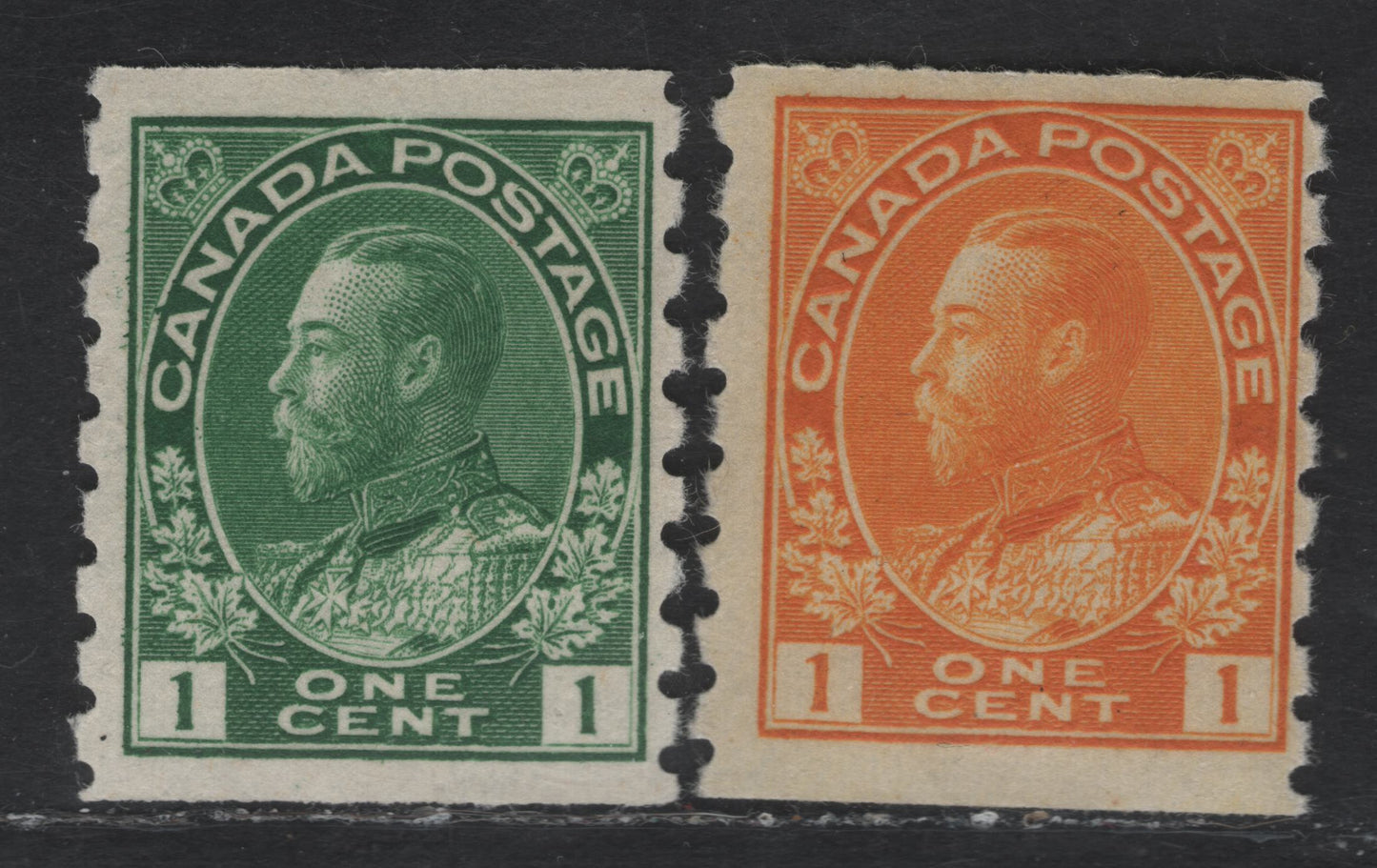 Lot 17 Canada #125, 126d 1c Green - Chrome Yellow King George V, 1912-1924 Admiral Coil Issue, 2 FNH Singles, Perf 8 Vertical, Wet Printings, Retouched Framelines.