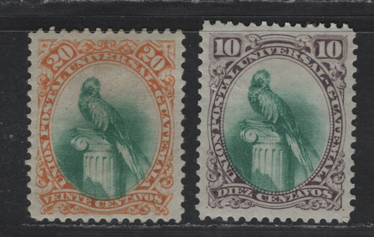 Lot 171 (C) Guatemala SC#24-25 10c - 20c Gray Violet & Green - Yellow & Green Quetzal, 1881 Quetzal Issue, 2 VFOG Singles