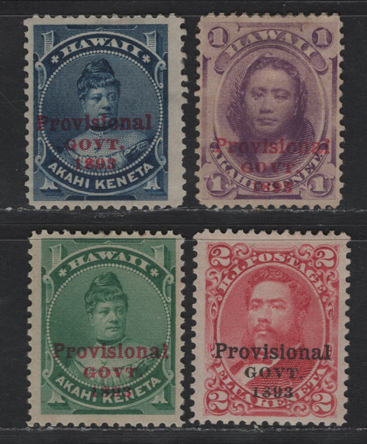 Lot 172 Hawaii SC#53-55, 66 1c - 2c Violet - Rose Portraits, 1893 Provisional Government Overprints, 4 F/VFOG & Unused Singles, 1c Violet Has No Gum