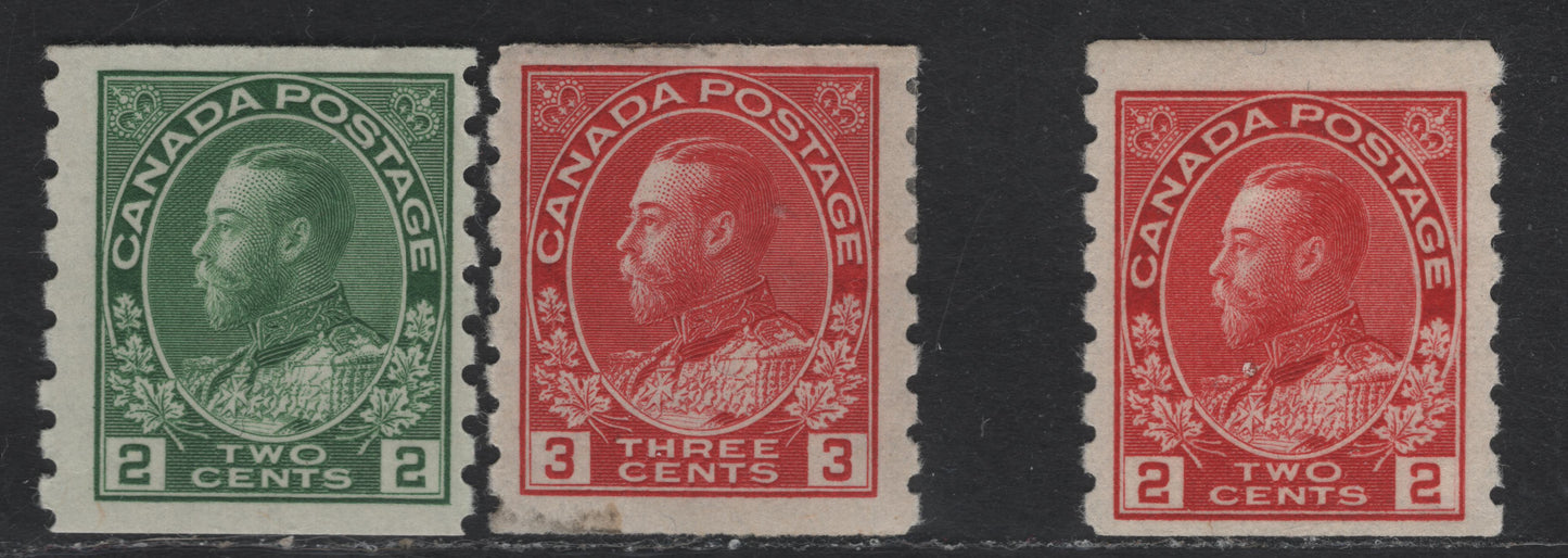 Lot 18 Canada #127, 128ii, 130b 2c & 3c Carmine, Green & Carmine Red King George V, 1912-1924 Admiral Coil Issue, 3 FOG Singles, Dry Printing, Perf 8 Vertical, Die 2.