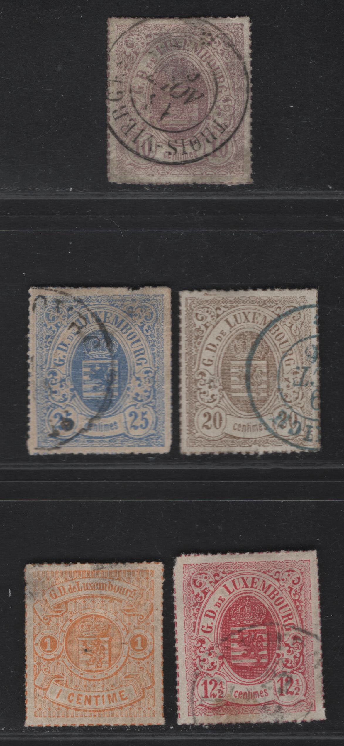 Lot 192 Luxembourg SC#18, 19a, 20, 21, 22A 1c - 25c Orange - Ultramarine Coat of Arms, 1865-1874 Coat of Arms Rouletted Issue, 5 Very Good/Fine/Very Fine Used & Unused Singles, Rouletted In Color, Most With Moderate to Shallow Thins, 1c Is Unused.