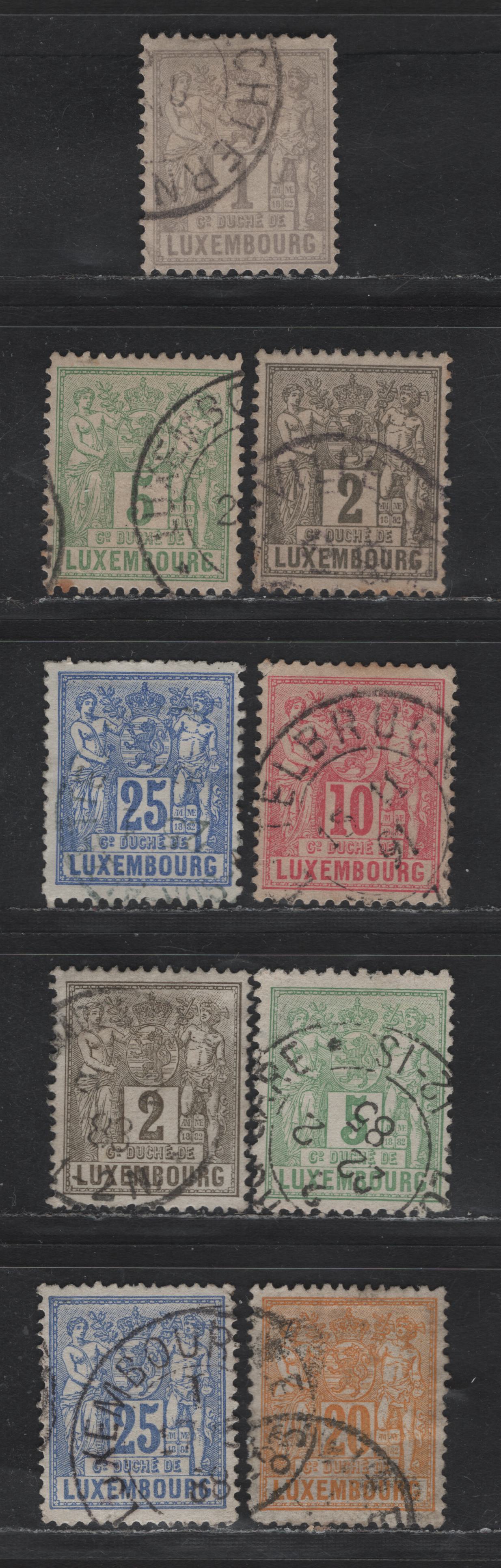 Lot 193 Luxembourg SC#48, 49d, 51, 52, 55a, 51b, 49c, 54c, 55c 1c - 25c Gray Lilac - Ultramarine Industry & Coverage, 1882 Industry & Coverage Issue, 9 Fine/Very Fine Used Singles, Different Perfs