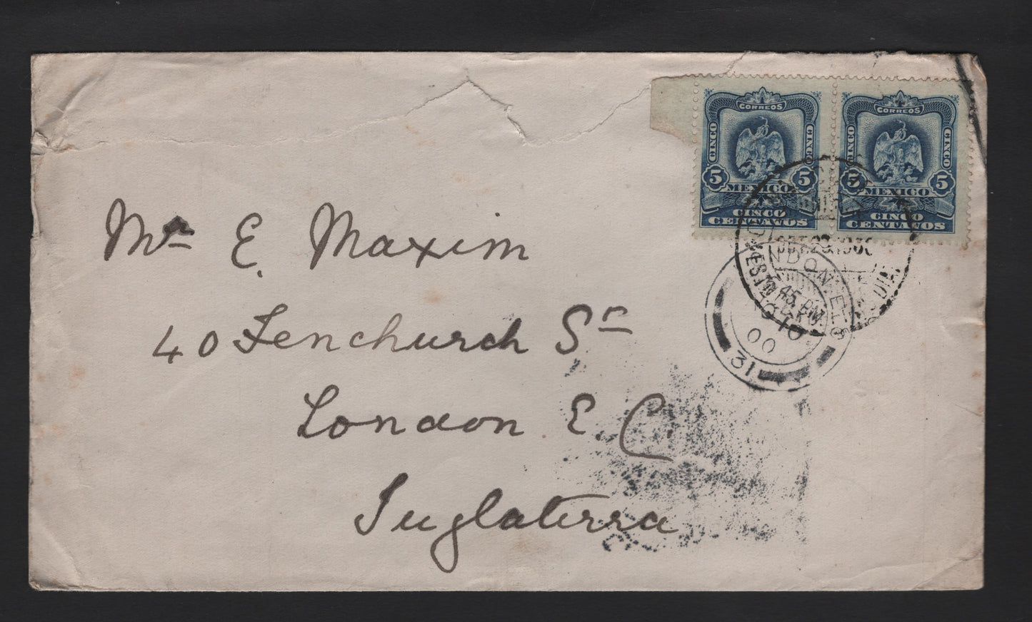 Lot 195 (C) Mexico SC#297 5c - 3c Dark Blue Coat of Arms, 1899 Pictorial Issue, A Fine Used Pair On Cover, To England, Tied Recvr On Back