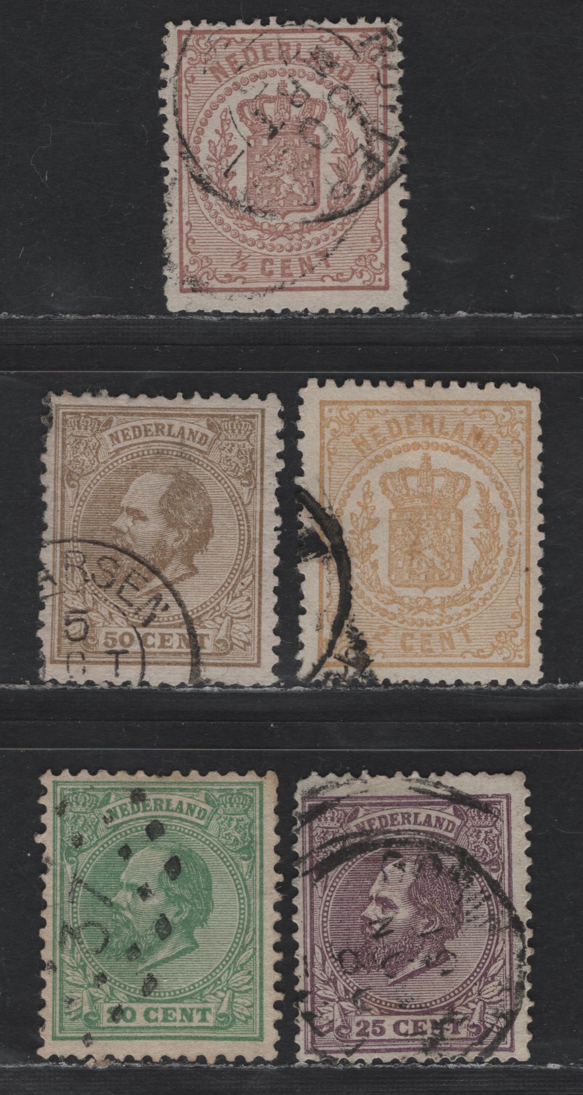 Lot 203 Netherlands SC#17, 21, 28, 30-31 1/2c - 50c Red Brown - Bistre King William III - Coat Of Arms, 1869-1888 King William III Keyplates & Coat of Arms Issues, 5 Fine/Very Fine Used Singles