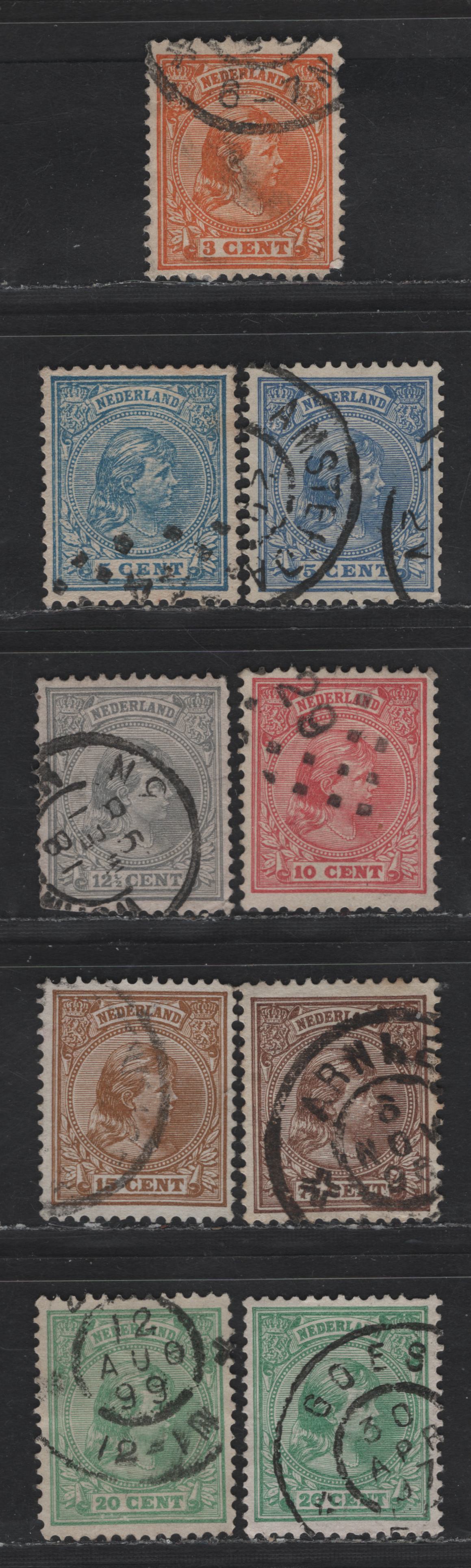 Lot 204 (C) Netherlands SC#40-41a, 42-46a 3c - 20c Orange - Yellow Green Princess Wilhelmina, 1891-1894 Princess Wilhelmina Issue, 9 Fine/Very Fine Used Singles