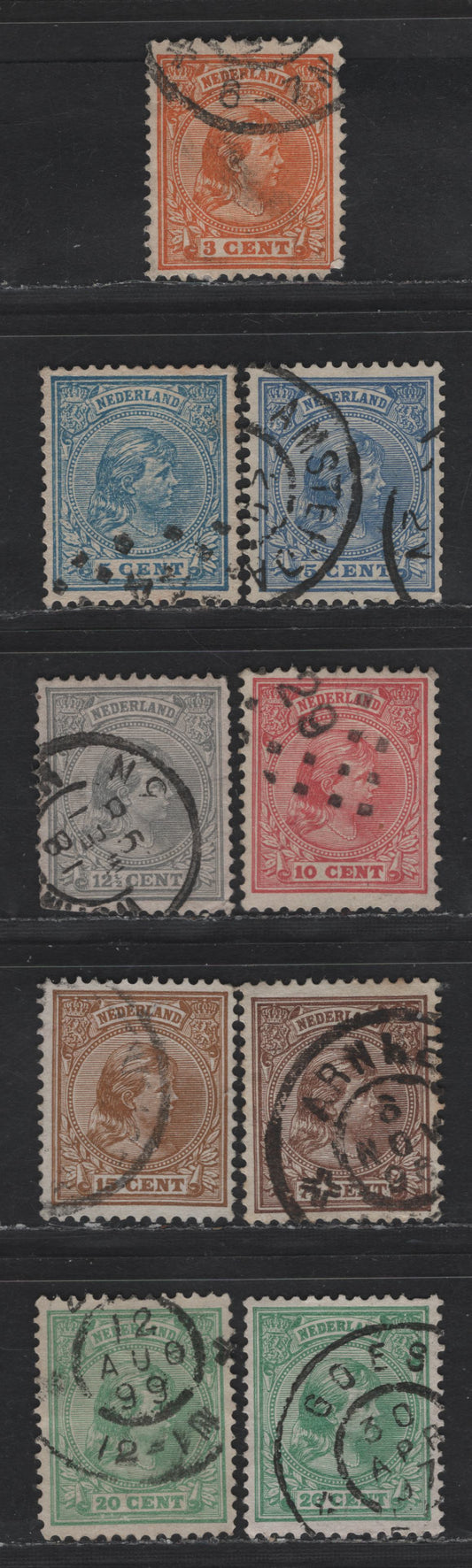 Lot 204 (C) Netherlands SC#40-41a, 42-46a 3c - 20c Orange - Yellow Green Princess Wilhelmina, 1891-1894 Princess Wilhelmina Issue, 9 Fine/Very Fine Used Singles