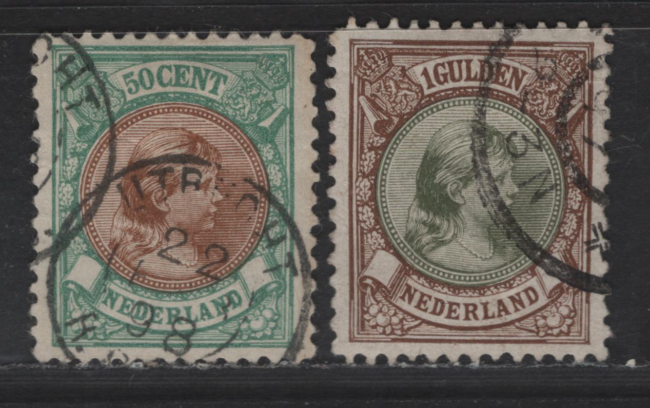 Lot 206 Netherlands SC#51-52 50c - 1g Emerald & Yellow Brown - Brown & Olive Green Princess Wilhelmina, 1893-1896 Princess Wilhelmina Issue, 2 Very Fine Used Singles, Perf 11.5x11