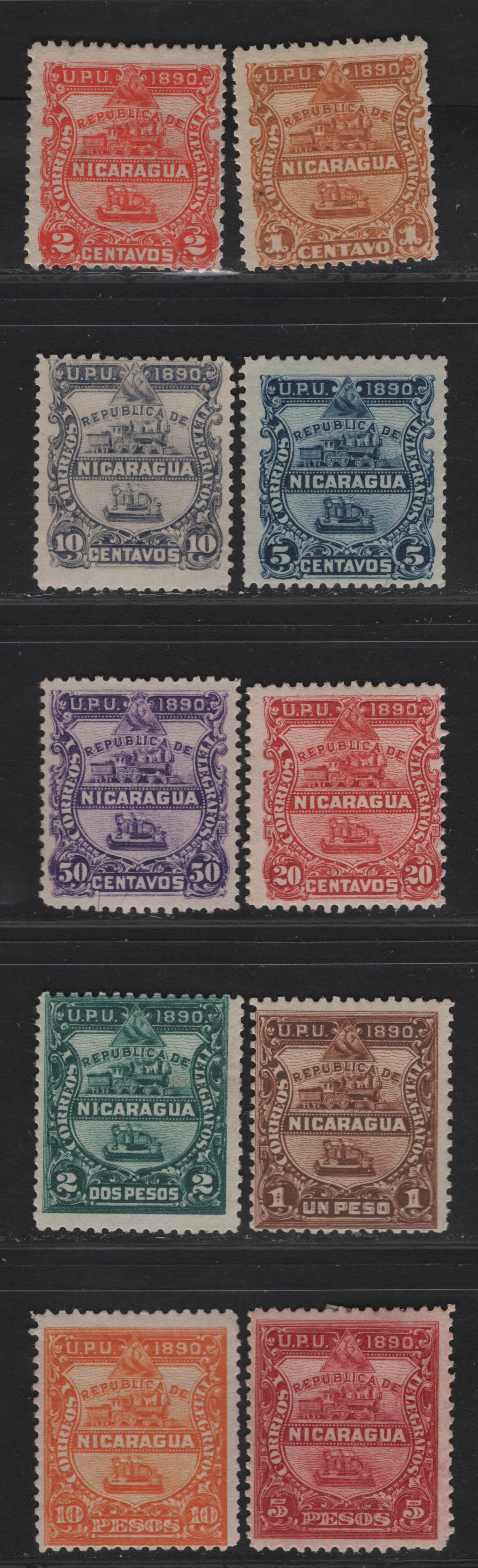 Lot 208 Nicaragua SC#20-29 1c - 10o Yellow Brown - Orange Train & Telegraph Key, 1890 Seebeck Issue, 10 VG/FOG Singles