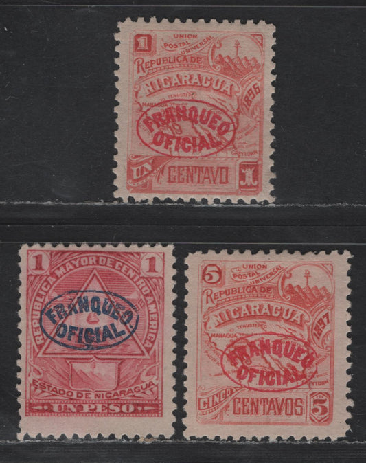 Lot 210 Nicaragua SC#O82, O102,O126 1c - 1p Red - Carmine Seebeck, 1896-1898 Official Overprinted Issue, 3 F/VFOG & Unused Singles, Original Printings On Thin Paper With Horizontal Mesh