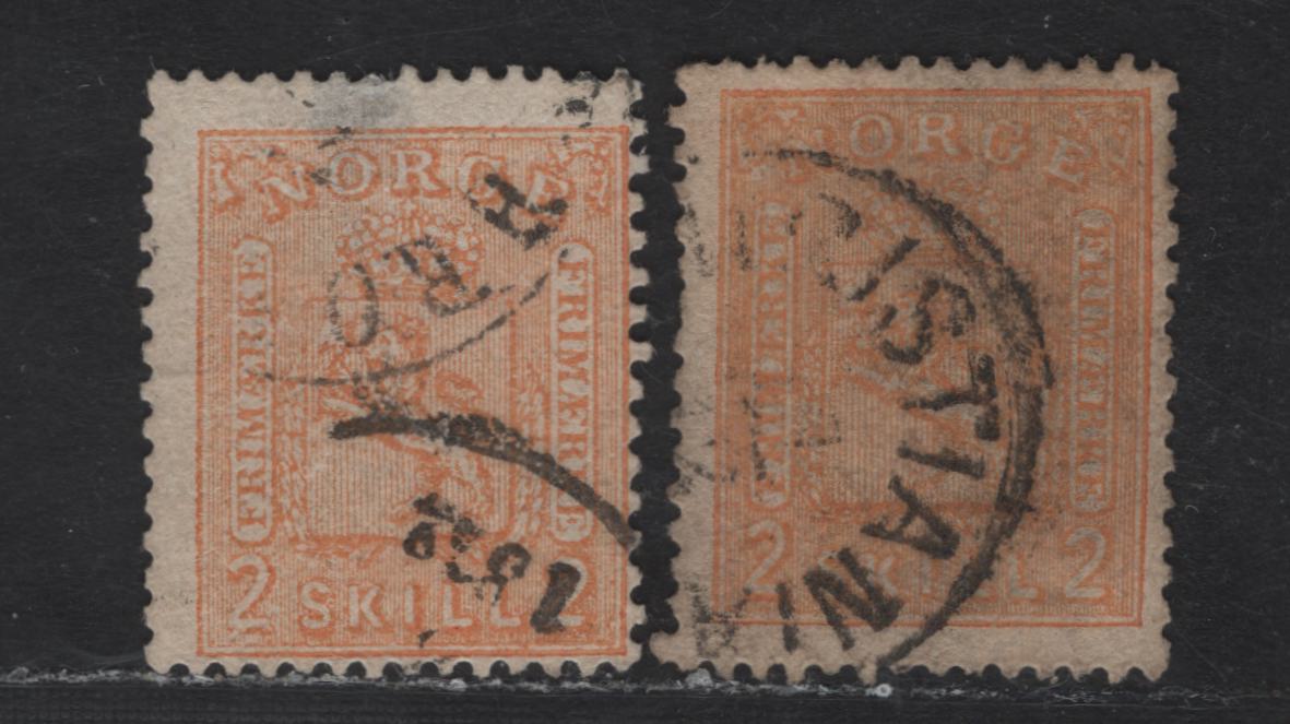Lot 212 Norway SC#12 2s Orange & Yellow Orange Coat of Arms, 1867-1868 Coat of Arms Issue, A Fine Used Single, Vertical Lined Background