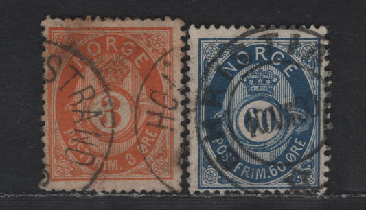 Lot 214 Norway SC#23, 31 3o - 60o Orange - Dark Blue Posthorns, 1877-1878 Posthorn Issue, 2 Fine Used Singles, Shaded Ring & Sans-Serif Capitals