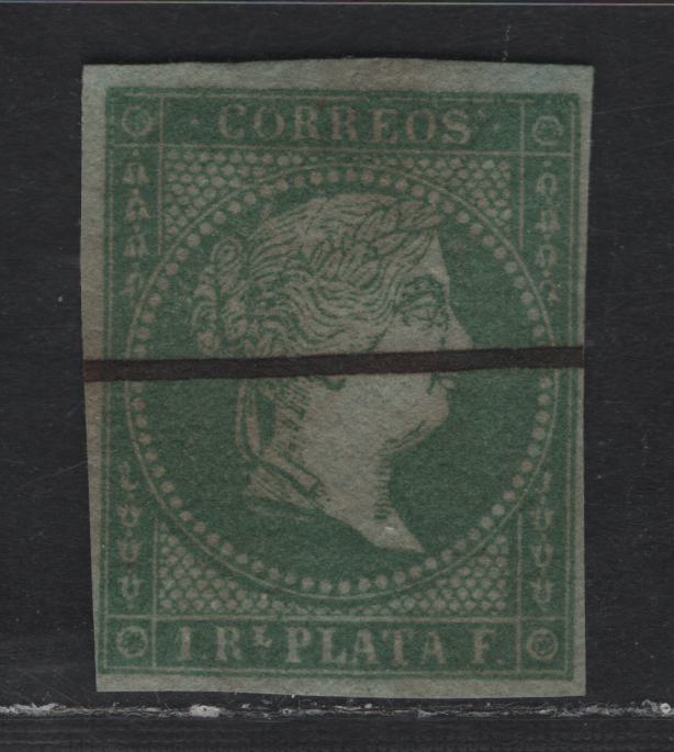 Lot 217 Philippines SC#8 1r Green on Blue Queen Isabella II, 1856 Queen Isabella II Issue, A Fine Used Single, Blue Paper, Margins Clear On All Sides, But Close, Loops Wmk