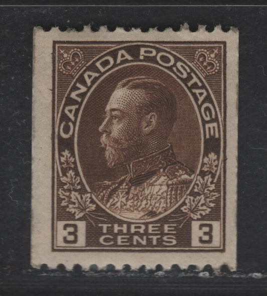 Lot 22 Canada #134 3c Dark Brown King George V, 1915-1924 Admiral Coil Issue, A FOG Single, Perf 12 Horizontal.