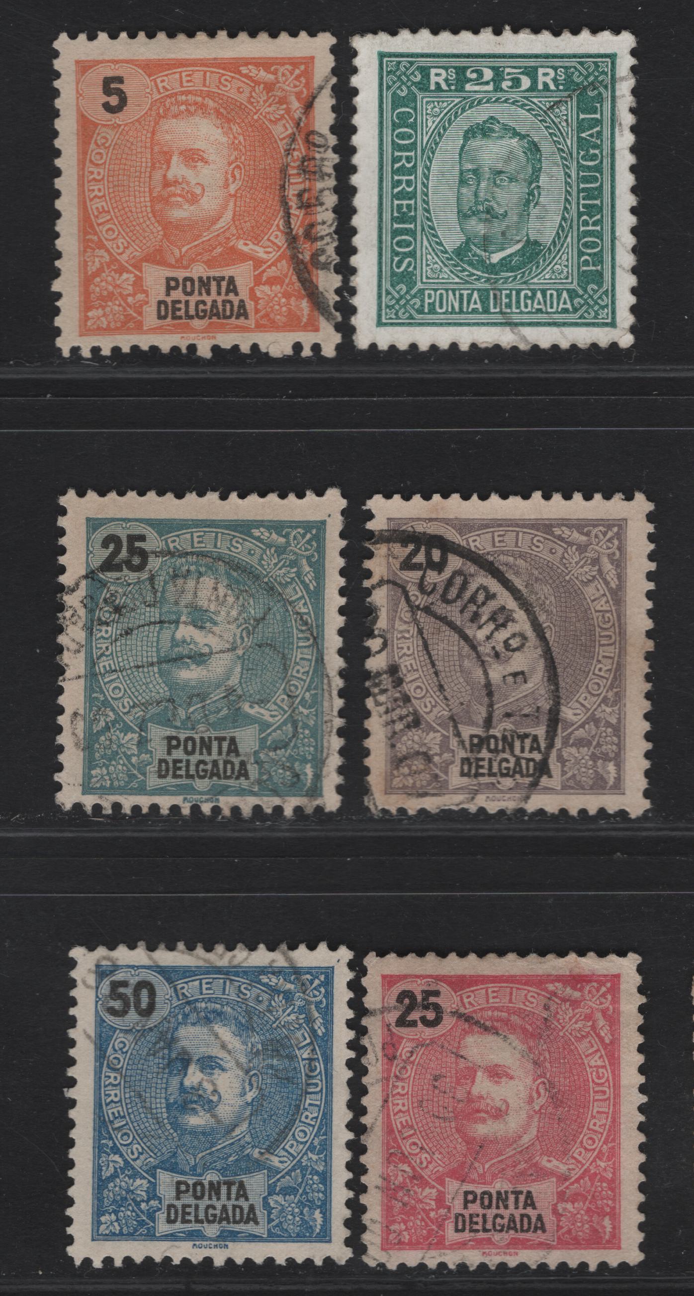 Lot 221 Ponta Delgada SC#5a, 14, 18-21 25r - 50r Green - Blue King Carlos, 1892-1905 King Carlos On Enamelled Paper & Keyplates, 6 Very Fine Used Singles