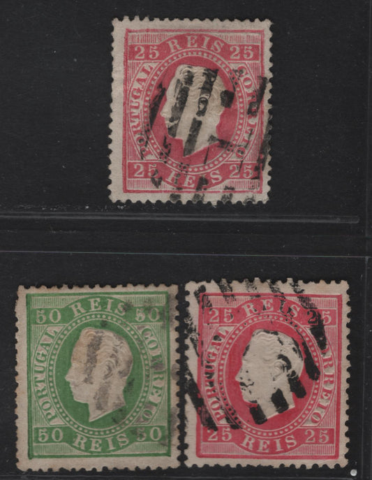 Lot 222 Ponta Delgada SC#41,d, 42 25r - 50r Rose - Yellow Green King Luiz, 1870-1884 King Luiz Embossed Sidefaces Issue, 3 Fine Used Singles, Perfs 12.5 & 13.5