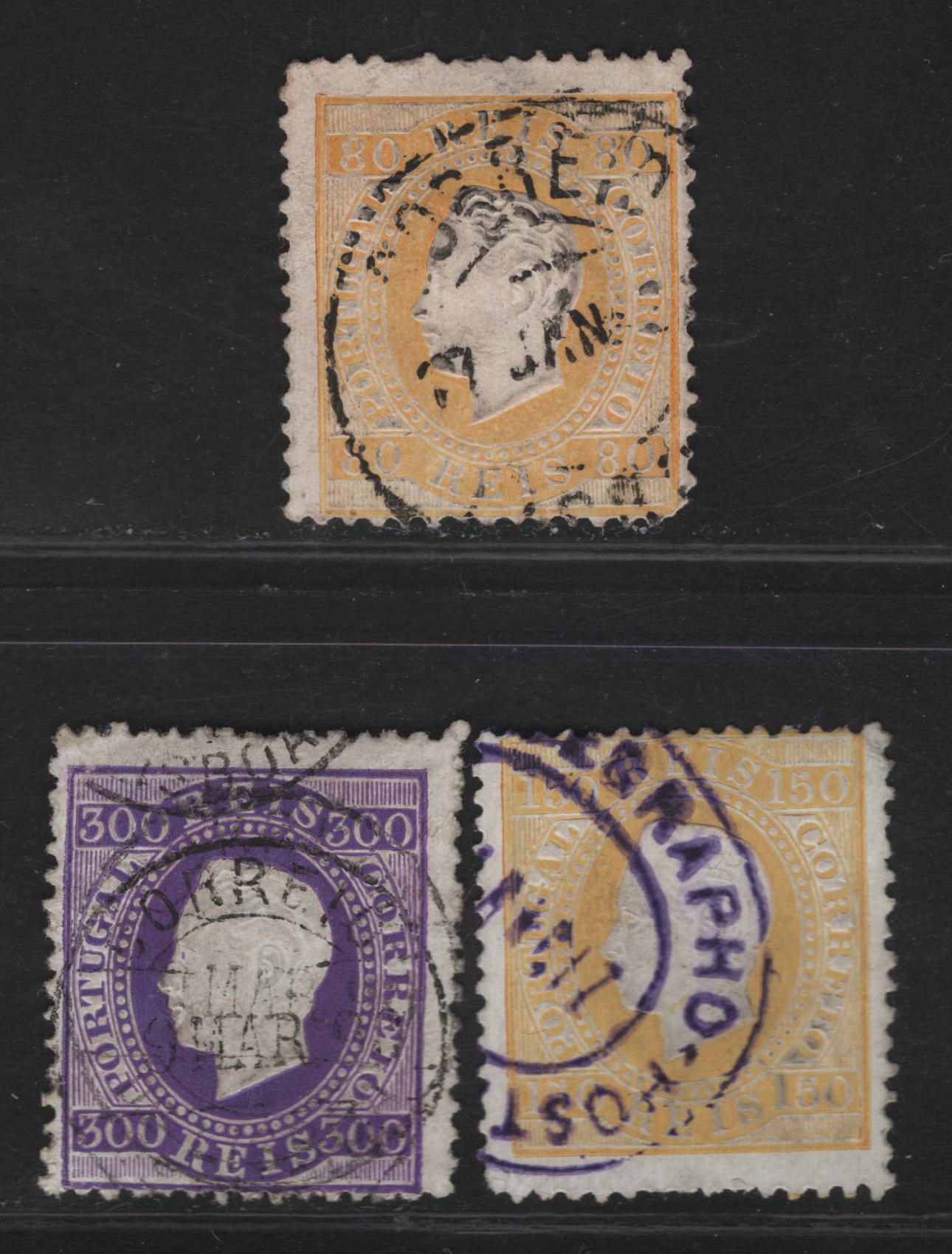 Lot 225 Portugal SC#44e, 48b, 50b 80r - 300r Orange - Dull Violet King Luiz, 1870-1884 King Luiz Embossed Sidefaces Issue, 3 Very Good Used Singles, Perf 12.5, Enamel Surface Paper, 300r Has A Small Tear.
