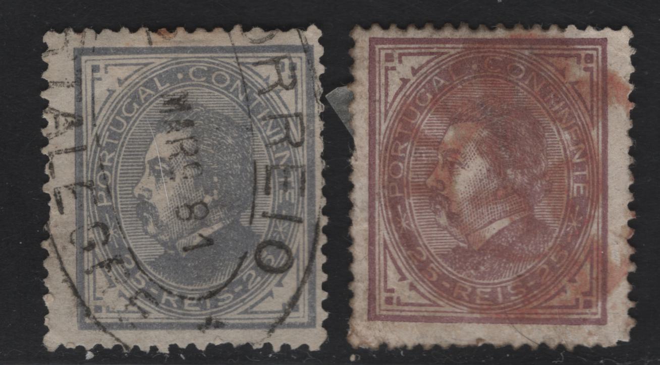Lot 227 (C) Portugal SC#53, 55 25r BluishGray - BrownViolet King Luiz, 1880-1881 King Luiz Issue, 2 Very Good Used Singles, Perfs 12.5 & 13.5, Blue Gray Stamp Has A Very Shallow Thin & Brown Violet Stamp Has A Corner Crease