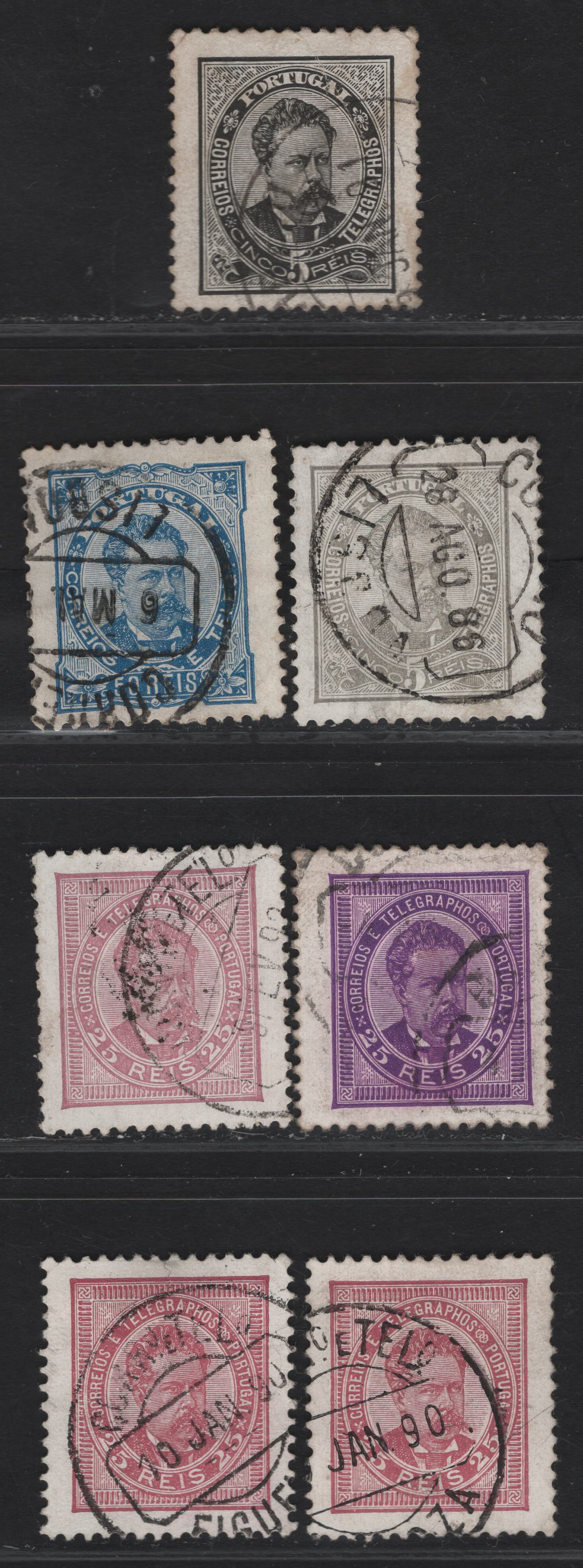 Lot 228 (C) Portugal SC#58,f, 61, 65-66 5r - 50r Black - Blue King Luiz, 1882-1887 King Luiz 3/4 Face Issue, 7 Fine/Very Fine Used Singles, Enamel Surface Paper, Perf 11.5