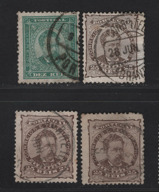 Lot 229 (C) Portugal SC#59a, 60a-c 10r - 25r Green - Brown King Luiz, 1882-1887 King Luiz 3/4 Face Issue, 4 Fine/Very Fine Used Singles, 10r Perf 12.5, 25r Perf 12.5 On Plain & Enamelled Paper & Perf 13.5 On Plain Paper