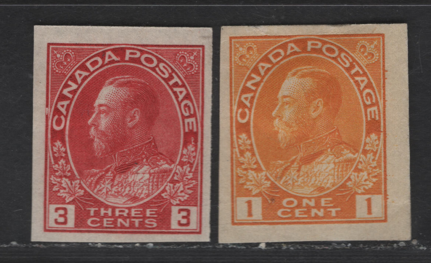 Lot 23 Canada #136, 138 1c & 3c Yellow - Carmine Red King George V, 1915-1924 Admiral Imperforate Issue, 2 F/VFOG Imperf Singles.