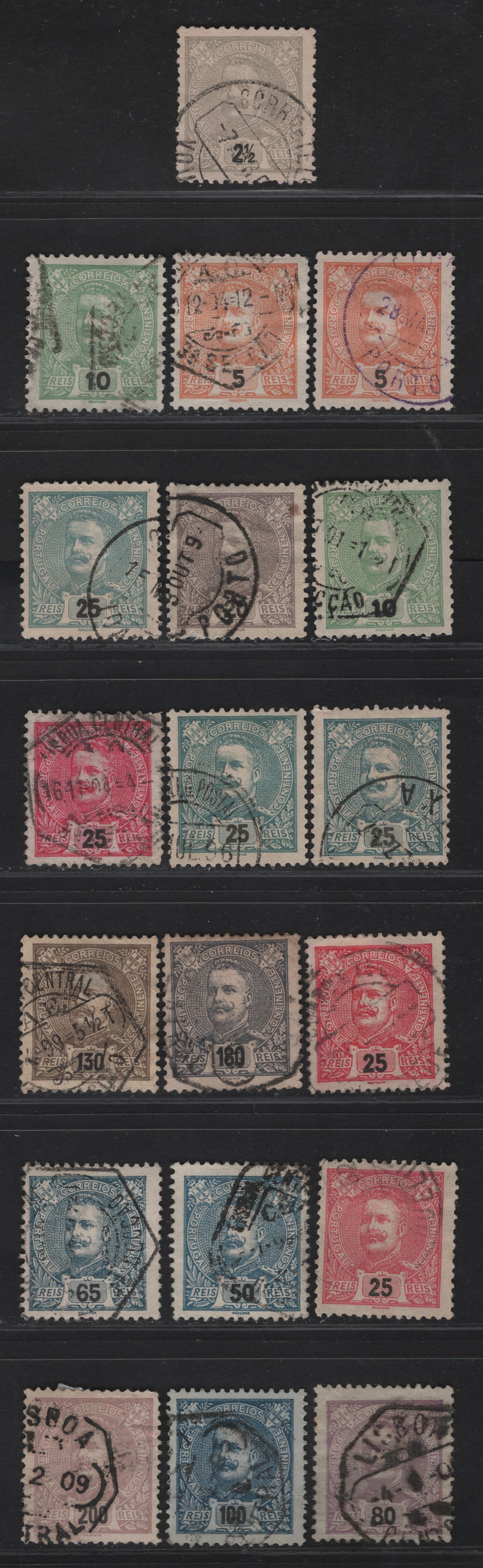 Lot 231 Portugal SC#110-112. 115-118, 120, 123-124, 126, 128-129 2.5r - 200r Gray - Red Lilac On Pinkish King Carlos, 1895-1905 King Carlos Keyplates, 19 Fine/Very Fine Used Singles