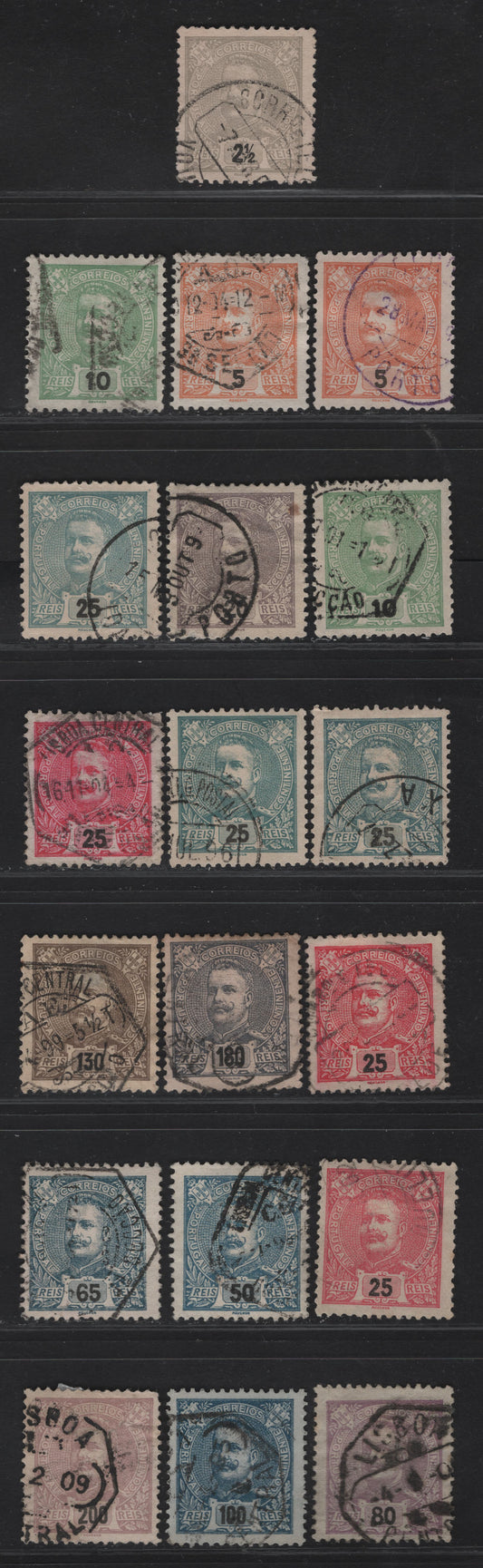 Lot 231 Portugal SC#110-112. 115-118, 120, 123-124, 126, 128-129 2.5r - 200r Gray - Red Lilac On Pinkish King Carlos, 1895-1905 King Carlos Keyplates, 19 Fine/Very Fine Used Singles