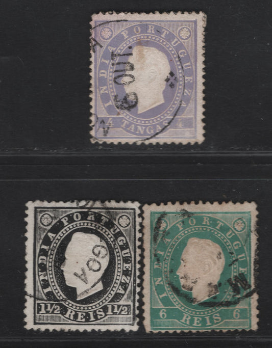 Lot 234 Portuguese India SC#174-176, 179a 1.5r - 4t Black - Gray Violet King Luiz, 1886 Embossed King Luiz Issue, 3 Fine Used Singles, All Perf 12.5 Except 4t Which Is 13.5