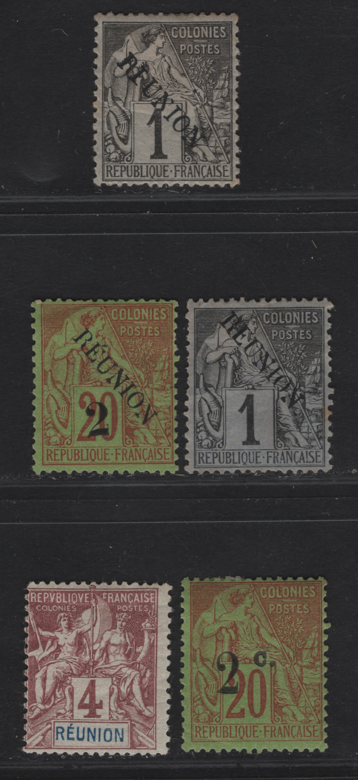 Lot 238 Reunion SC#17, 32, 36, 53 1c - 2c on 2c Black On Lilac Blue - Red on Green Peace & Commerce, 1891-1893 Overprinted & Surcharged Issues, 5 FOG & Unused Singles, 32 & One Of The #17 Have No Gum, 2 Shades Of 1c