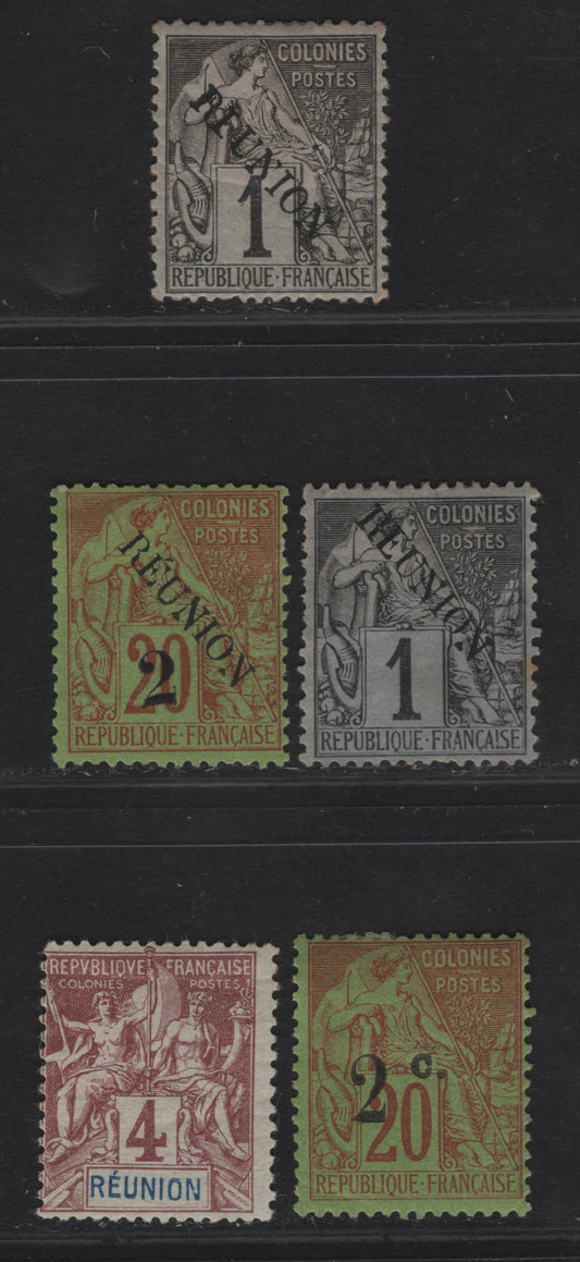 Lot 238 Reunion SC#17, 32, 36, 53 1c - 2c on 2c Black On Lilac Blue - Red on Green Peace & Commerce, 1891-1893 Overprinted & Surcharged Issues, 5 FOG & Unused Singles, 32 & One Of The #17 Have No Gum, 2 Shades Of 1c
