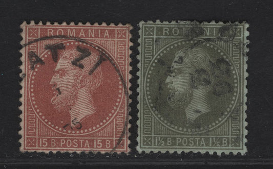 Lot 245 (C) Romania SC#53, 57 1.5b - 15b Bronze Green on Bluish - Red Brown on Pale Buff Prince Carol, 1872 Prince Carol Issue, 2 Very Fine Used Singles, Paris Printings