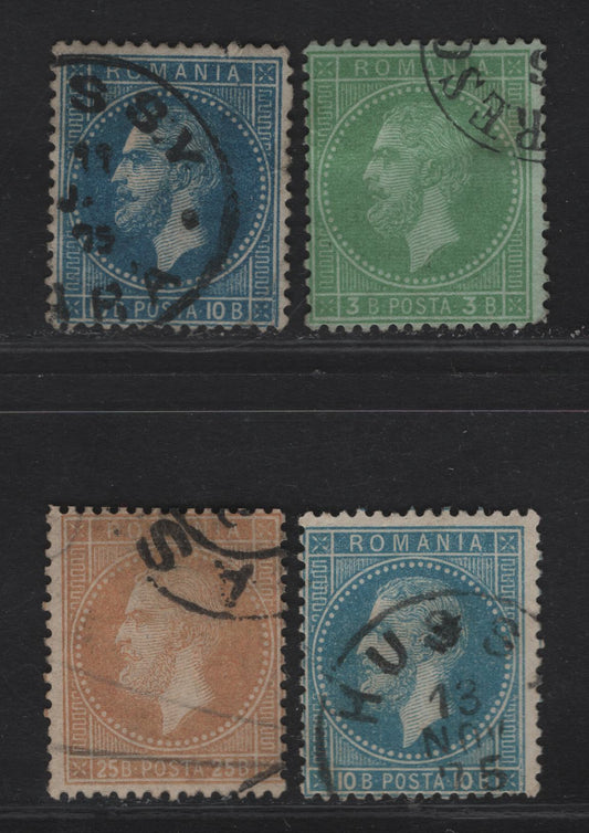 Lot 246 Romania SC#54, 56, 58 3b - 25b Green on Bluish - Orange on Pale Buff Prince Carol, 1872 Prince Carol Issue, 4 Fine Used Singles, Paris Printings, Perf 14x13.5