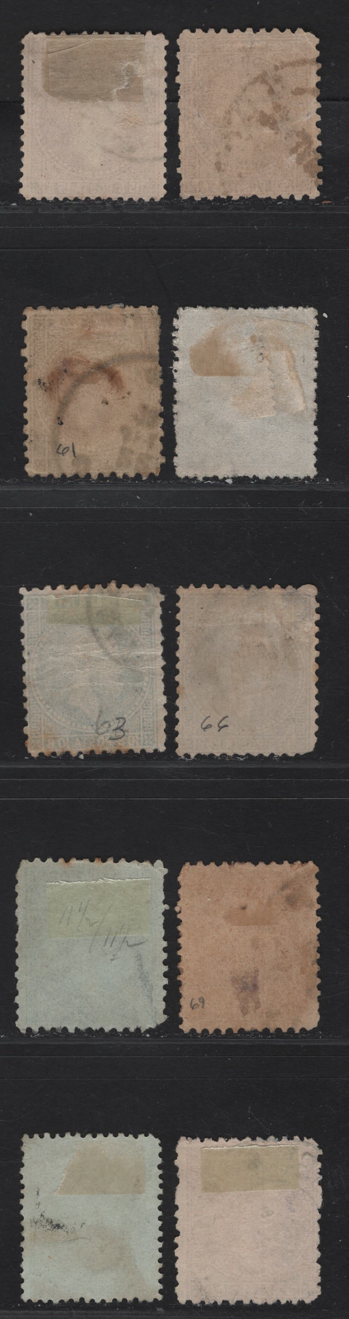 Lot 248 Romania SC#60-64, 66, 68-69 1.5b - 10b Bronze Green on Bluish - Rose on Yellowish Prince Carol, 1876-1879 Prince Carol Issue, 10 Ungraded Singles, Not Graded In Detail But Generally VG