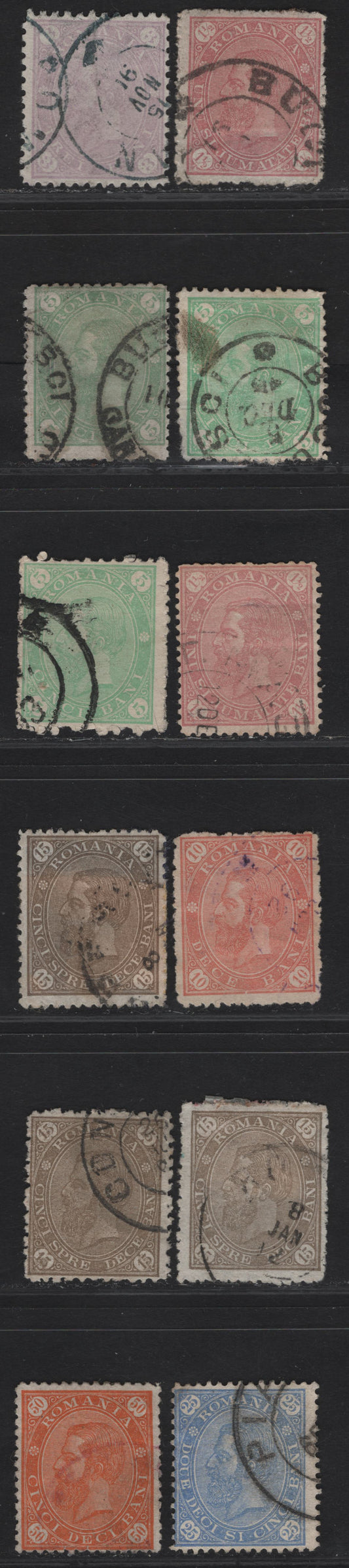 Lot 254 Romania SC#101-107 1.5b - 50b Lilac Rose - Orange King Carol I, 1891 King Carol I Issue, 12 Fine Used Singles, Unwatermarked, Various Shades & Perfs