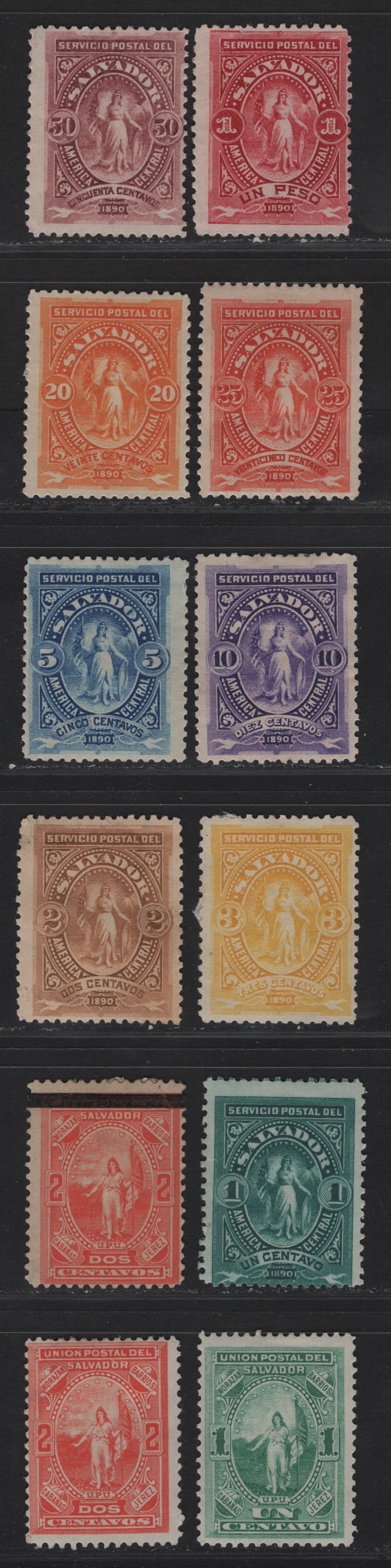 Lot 268 El Salvador SC#21-22, 24, 38-46 1c - 1p Green - Carmine Allegorical Figure, 1889-1890 Allegorical Figure of El Salvador Issue, 12 FOG Singles