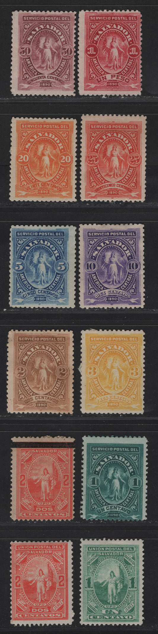 Lot 268 El Salvador SC#21-22, 24, 38-46 1c - 1p Green - Carmine Allegorical Figure, 1889-1890 Allegorical Figure of El Salvador Issue, 12 FOG Singles