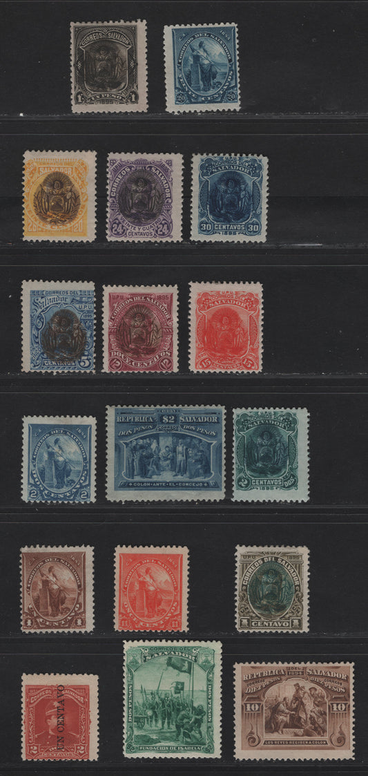 Lot 269 El Salvador SC#91-92, 96-97, 101, 103, 105-106, 108, 110-114, 116 2p - 1p Green - Black & Brown Columbus - Arms, 1893-1895 Columbus - Arms Overprinted Issues, 17 FOG & Unused Singles