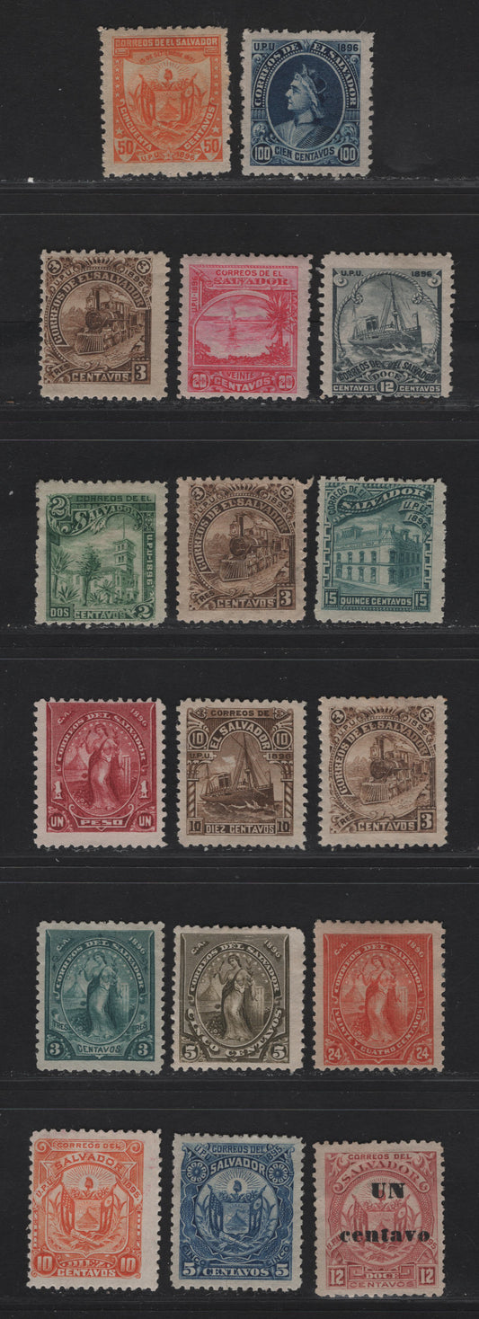 Lot 270 El Salvador SC#102-121, 129, 136-137, 142, 145, 148, 152, 157f-g,j,n,o, 160-161, 170c 10c - 3c Orange - Bistre Brown Seebeck, 1895-1897 Seebeck Issues, 17 F/VFOG & Unused Singles, Horizontal Wove Paper, Hence They Are Originals