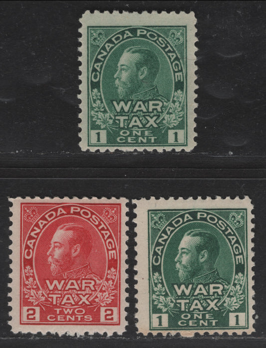 Lot 27 (C) Canada #MR1-MR2 1c -2c Dark Green, Dull Bluish Green & Rose Carmine King George V, 1915 War Tax Issue, 3 FNH Singles, Retouched Framelines.