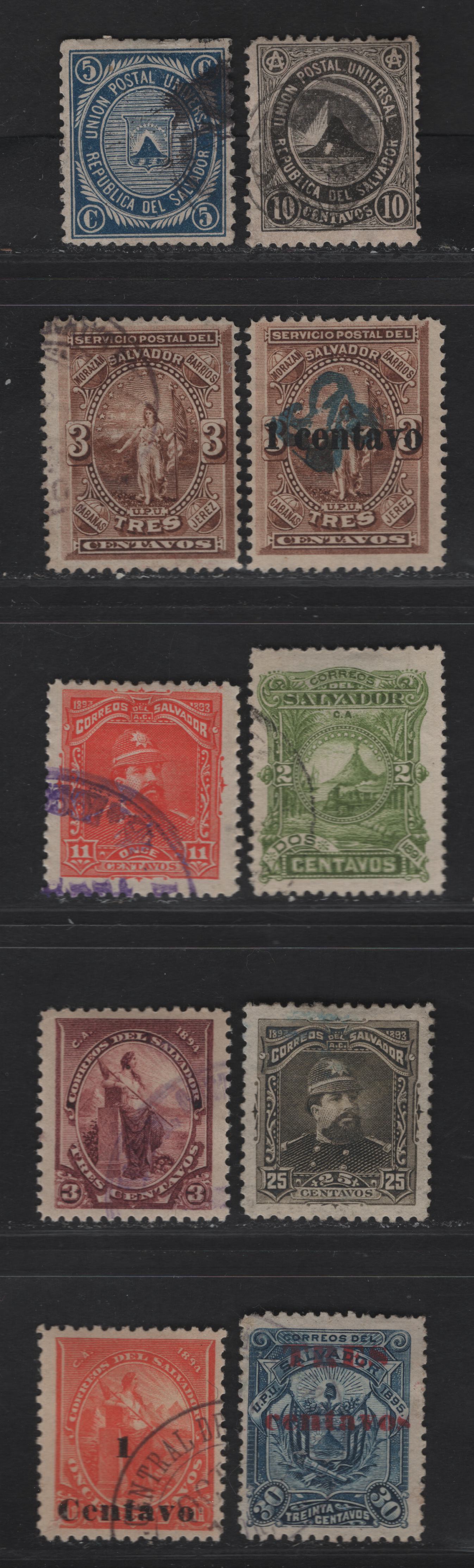 Lot 271 El Salvador SC#15-16, 18, 25c, 48, 81, 83, 93, 104, 133 10c - 3c on 30c Black - Deep Blue Coat of Arms - Seebecks, 1879-1895 Coat of Arms - Surcharged Issues, 10 Fine/Very Fine Used Singles
