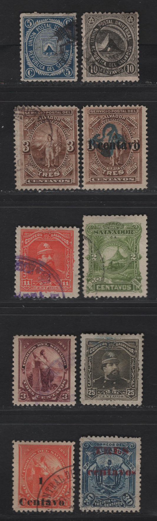 Lot 271 El Salvador SC#15-16, 18, 25c, 48, 81, 83, 93, 104, 133 10c - 3c on 30c Black - Deep Blue Coat of Arms - Seebecks, 1879-1895 Coat of Arms - Surcharged Issues, 10 Fine/Very Fine Used Singles