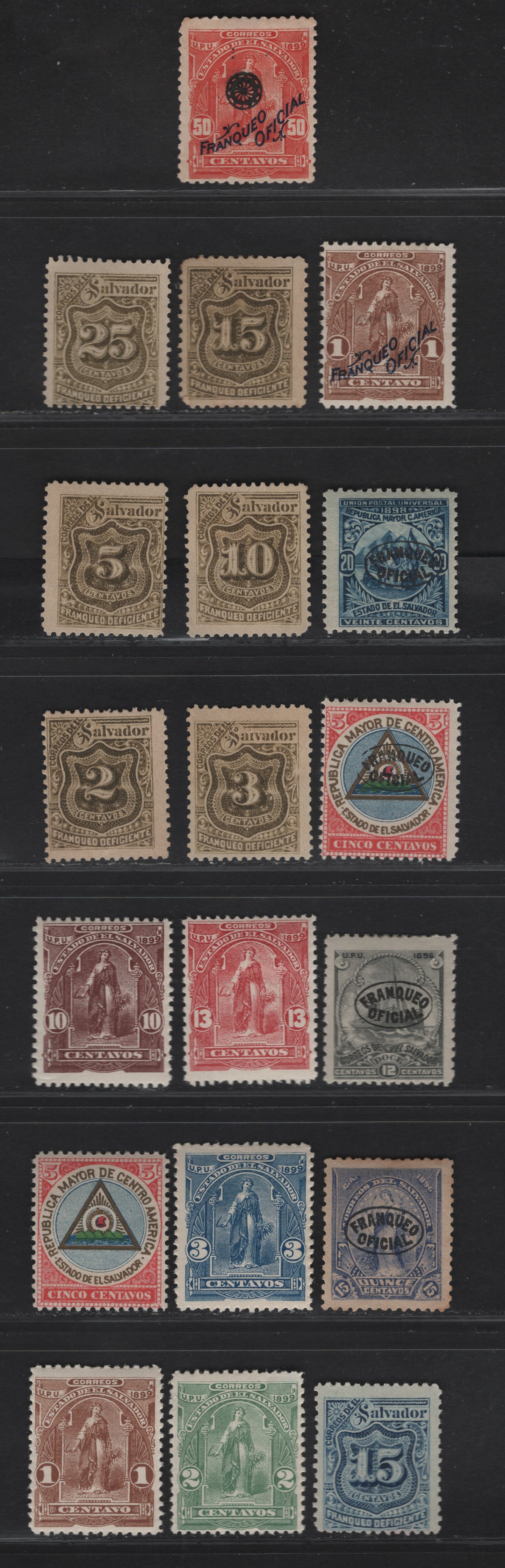 Lot 272 El Salvador SC#176, 199-201, 203, 205, J2-J7, J30, O7, O30, O74, O136, O149, O170 5c - 50c Multicolored - Orange Red Arms - Officials, 1897-1899 Arms - Official Overprinted Issues, 19 FOG & Unused Singles
