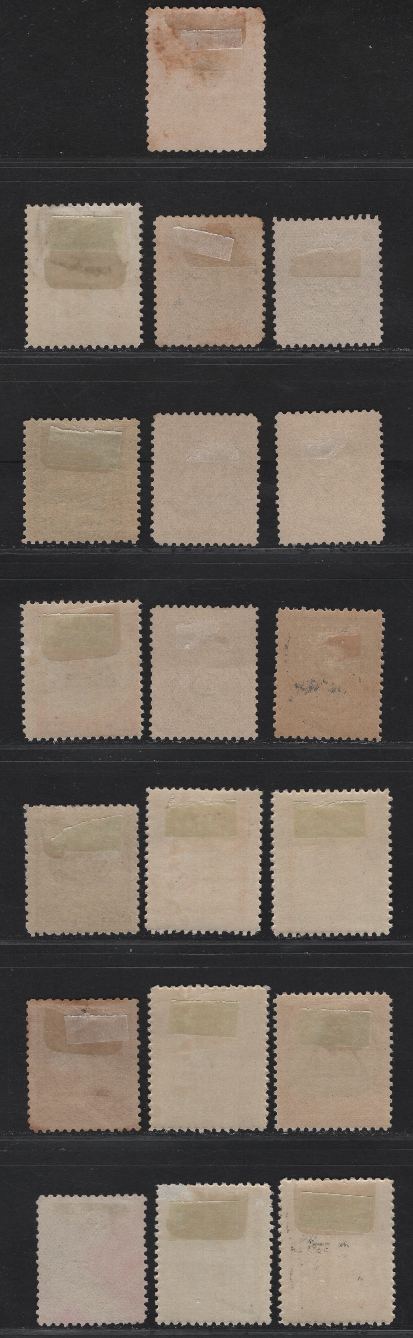 Lot 272 El Salvador SC#176, 199-201, 203, 205, J2-J7, J30, O7, O30, O74, O136, O149, O170 5c - 50c Multicolored - Orange Red Arms - Officials, 1897-1899 Arms - Official Overprinted Issues, 19 FOG & Unused Singles