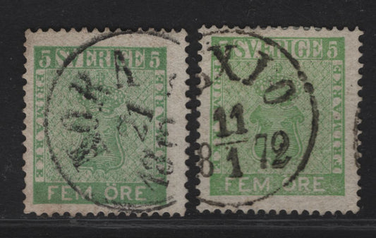 Lot 279 Sweden SC#6 5o Green & Yellow Green Arms, 1858-1862 Arms Issue, 2 Fine Used Singles