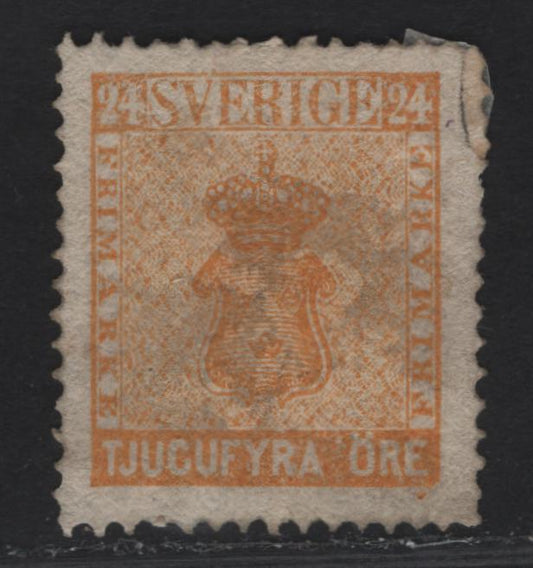 Lot 281 (C) Sweden SC#10a 24o Yellow Arms, 1858-1862 Arms Issue, An Ungraded Partly OG Single, Regummed Mint Example, Repaired Upper Right Corner