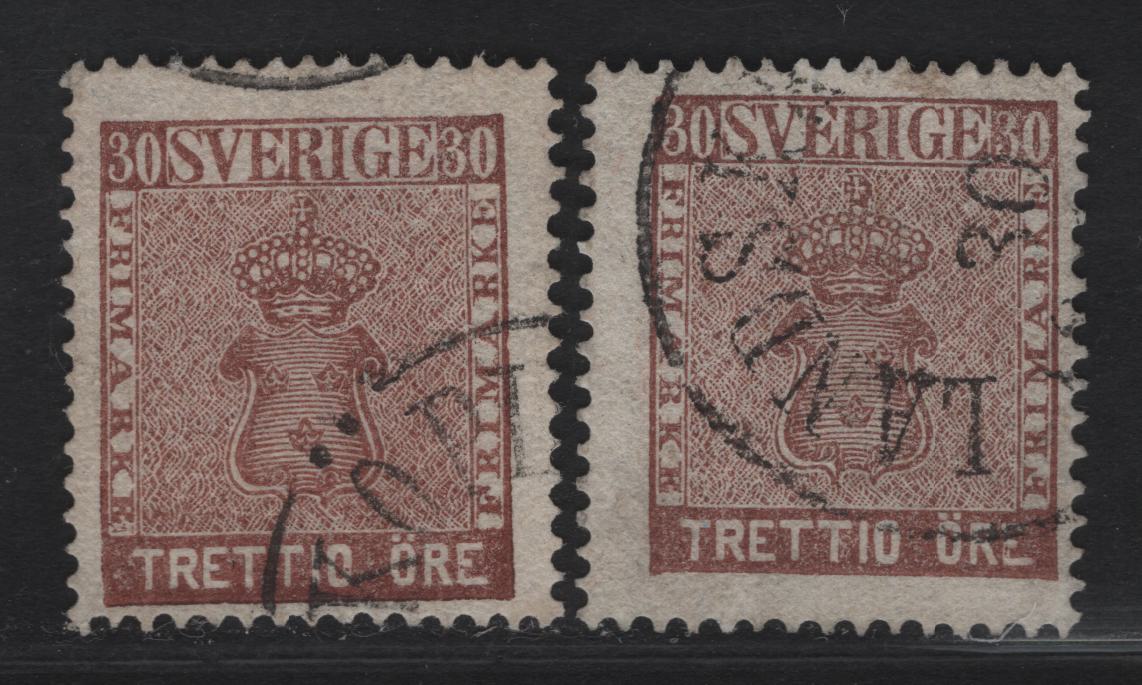 Lot 282 Sweden SC#11, 11b 30o Brown & Rose Red Brown Arms, 1858-1862 Arms Issue, A Fine Used Single