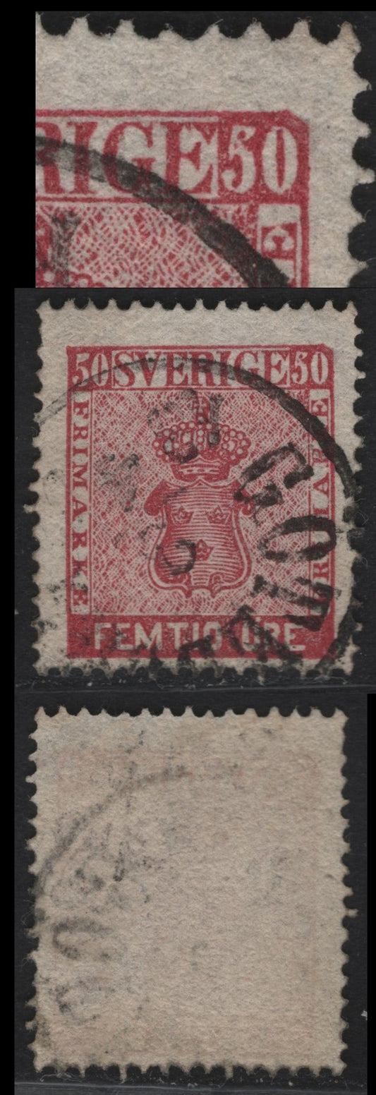Lot 284 Sweden SC#12a 50o Carmine Arms, 1858-1862 Arms Issue, A Fine Used Single, Voided Upper Right Corner