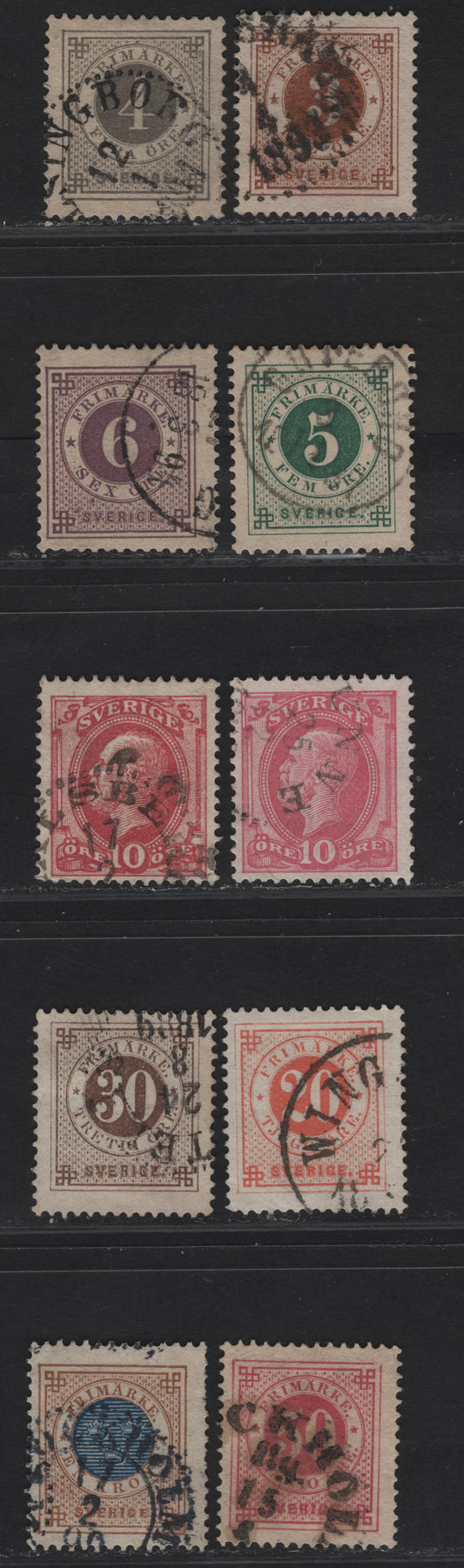 Lot 287 (C) Sweden SC#41-49 3o - 1k Yellow Brown - Bistre & Blue Numerals - King Oscar, 1886-1891 Numerals & King Oscar Issue, 9 Fine/Very Fine Used Singles, Posthorn On Back